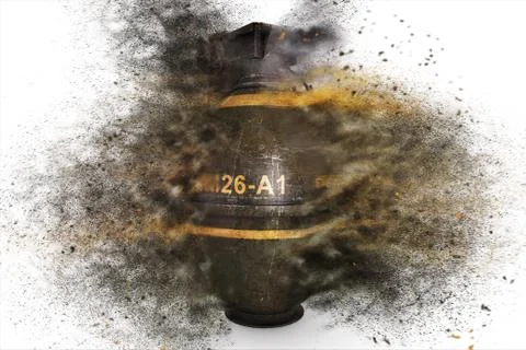 Grenade at the time of explosion on a white isolated background 3d illustrati Illustrazione stock