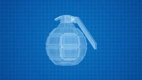 Grenade Wireframe Rotating on a Blueprint Background. 3D Weapon Animation. 4K Stock Footage 311325341