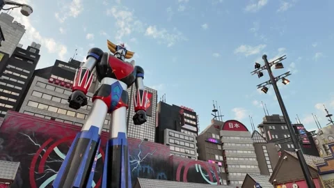 Grendizer robot towering over buildings in Riyadh Boulevard World, Saudi Arabia Vídeos de archivo 306289290