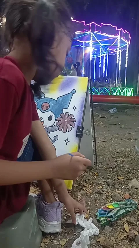 Gresik East Java Indonesia. Child painting on styrofoam. On July 5 2025 Stock Footage 313258021