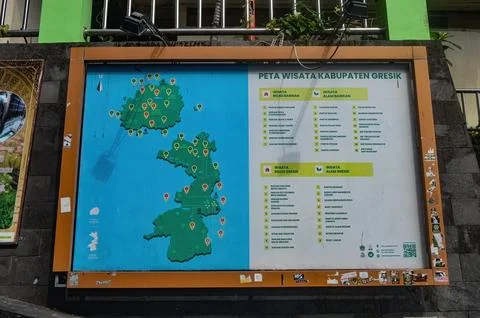 Gresik regency tourist map information board, Indonesia, 27 January 2024. Stock Photos