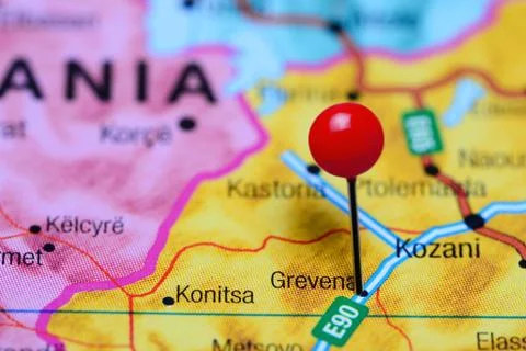 Grevena pinned on a map of Greece Stock Photos