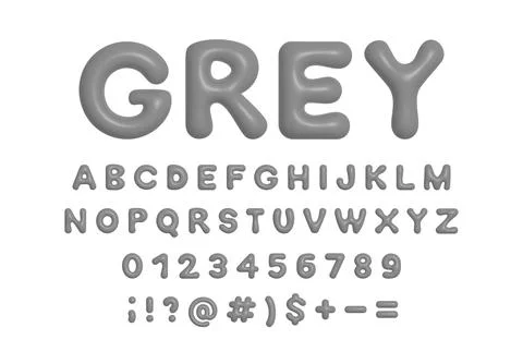 Grey 3d plastic balloon alphabet, symbols and numbers. Shiny inflated Y2K font Stock Illustration