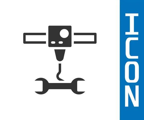 Grey 3D printer wrench spanner icon isolated on white background. 3d printing Illustrazione stock