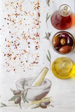 Grey abstract background with space for text. Olive oil jar, wine vinegar jar Stock Photos