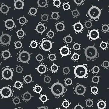 Grey Alarm clock icon isolated seamless pattern on black background. Wake up Stock Illustration