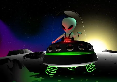Grey alien flying on moon surface in a UFO Stock Illustration