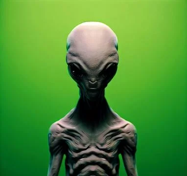 A Grey Alien on Green Screen looking in front of the camera Stock Illustration
