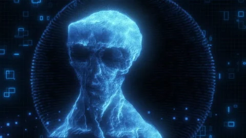 Grey Alien Head appears as a glitching hologram Sci-fi Concept CGI Animation Stock Footage 316673048