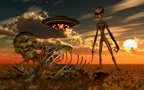 A Grey Alien looking at humanoid remains as a UFO flys overhead. Stock Illustration