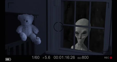 Grey Alien looking through a child’s bedroom window Stock Footage 155470691