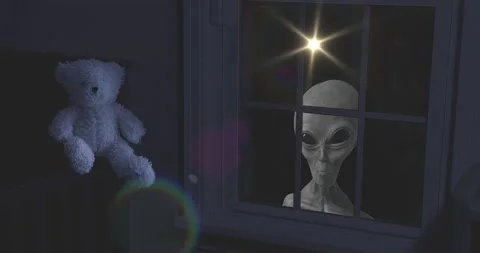 Grey Alien looking through a child’s bedroom window Stock Footage 155470704