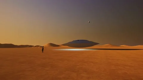 Grey Alien standing in front of UFO on Mars with Earth in background Video stock 209544397