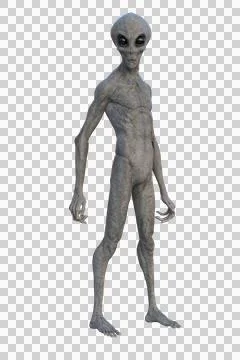Grey Alien standing upright. 3D render isolated on transparent background. Illustrazione stock