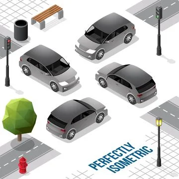 Grey and Black Isometric Hatchback Car from Front Back Right and Left Stock Illustration