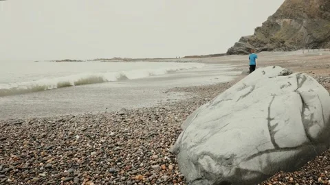 Grey and overcast Aberystwyth beach scene Stock Footage 182491453