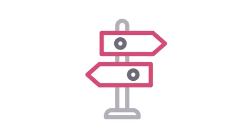 A Grey and red line drawing of a signpost with multiple directional arrows .. Stock Footage 334992057