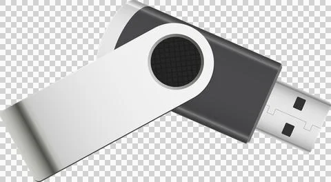 A grey and silver universal serial bus drive sits at an angle, with a black.. Stockillustratie