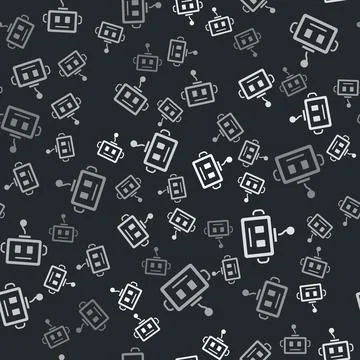 Grey Artificial intelligence robot icon isolated seamless pattern on black Stock Illustration