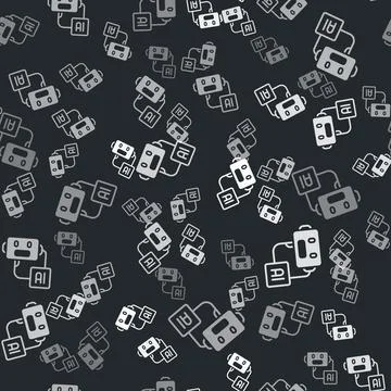 Grey Artificial intelligence robot icon isolated seamless pattern on black ba Illustrazione stock