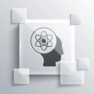 Grey Atom icon isolated on grey background. Symbol of science, education Illustrazione stock