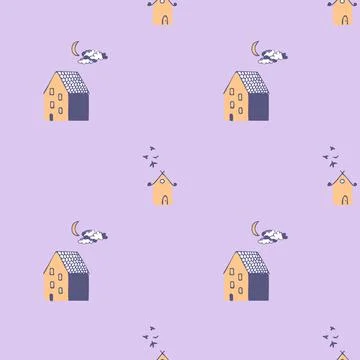 Grey background pattern with yellow and blue houses, moon, clouds and birds. 스톡 일러스트