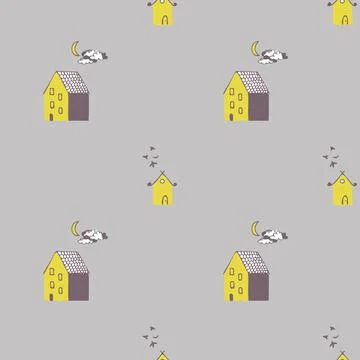 Grey background pattern with yellow and purple houses, moon, clouds and birds. Illustrazione stock