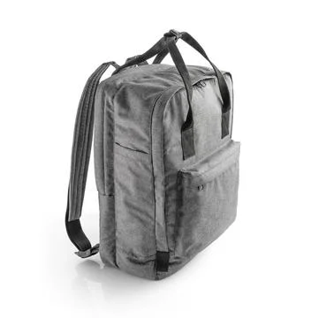 Grey backpack, for daily use or weekend adventures. Side view. Stock Photos