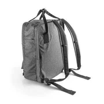 Grey backpack for everyday use with different pockets and laptop compartment. Stock Photos