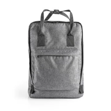 Grey backpack for everyday use with different pockets and laptop compartment. Stock Photos