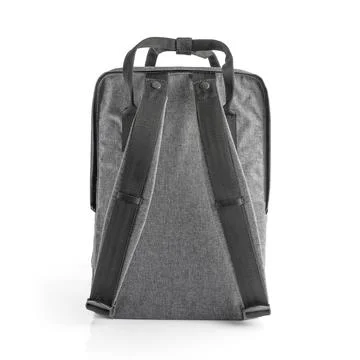 Grey backpack for everyday use with different pockets and laptop compartment. Stock Photos