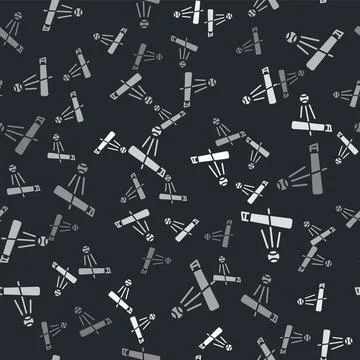 Grey Baseball bat with ball icon isolated seamless pattern on black background Stock Illustration