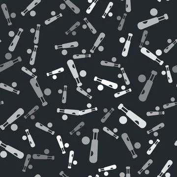 Grey Baseball bat with ball icon isolated seamless pattern on black background Stock Illustration