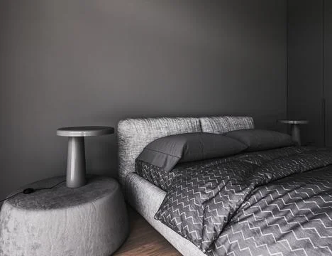 Grey bedroom. Bed on dark brown wooden floor. Minimalist design interior with Stock Illustration