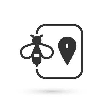 Grey Bee location map pin pointer icon isolated on white background. Farm animal 스톡 일러스트