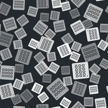Grey Binary code icon isolated seamless pattern on black background. Vector Stock Illustration