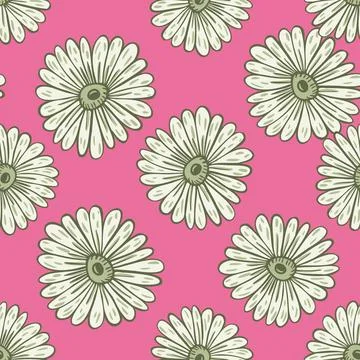 Grey botanic sunflowers elements seamless pattern. Contoured flowers print. P Stock Illustration