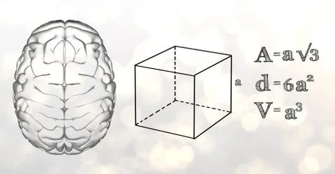 Grey brain and black math graphics against white bokeh Illustrazione stock