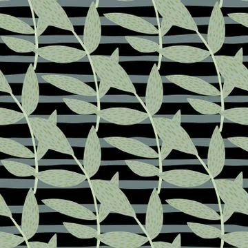 Grey branches with dash on black stripped background. Floral seamless pattern 스톡 일러스트