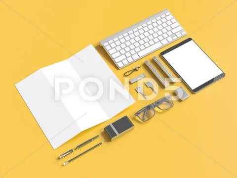 Grey branding mockup. Template set on yellow background. 3d rendering. Stock Illustration
