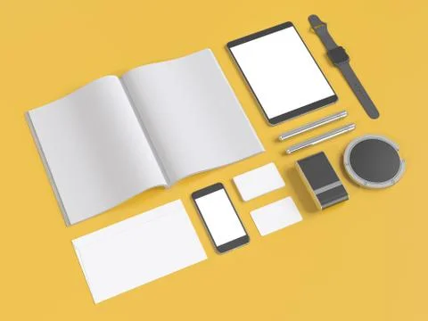 Grey branding mockup. Template set on yellow background. 3d rendering. Stockillustratie
