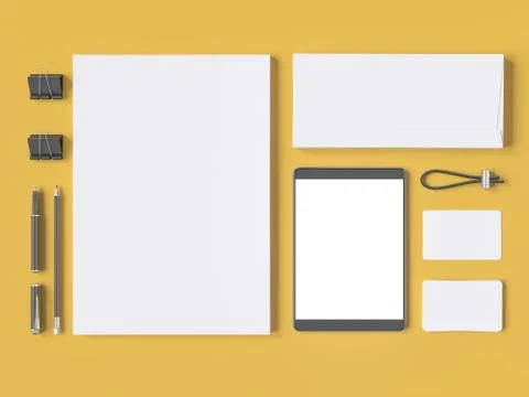Grey branding mockup. Template set on yellow background. 3d rendering. Stock Illustration