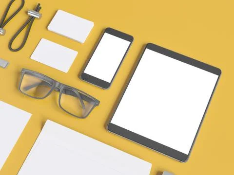 Grey branding mockup. Template set on yellow background. 3d rendering. Illustrazione stock