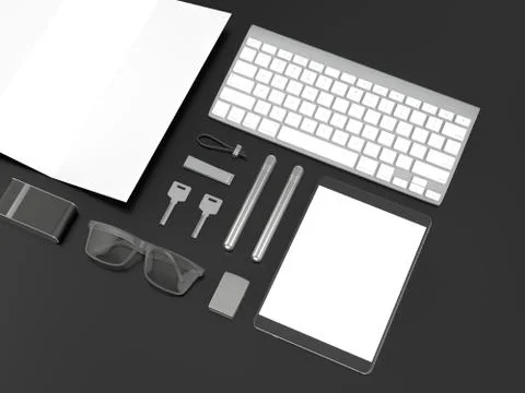 Grey branding mockup. Template set on black background. 3d rendering. 3D illu 库存插图