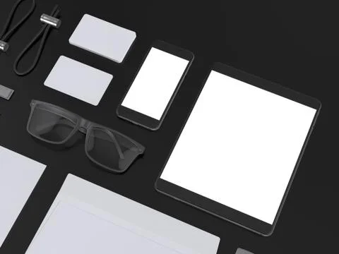 Grey branding mockup. Template set on black background. 3d rendering. 3D illu イラスト素材