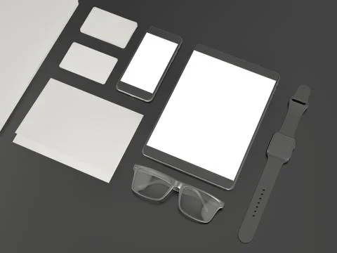 Grey branding mockup. Template set on black background. 3d rendering. 3D illu Stockillustratie
