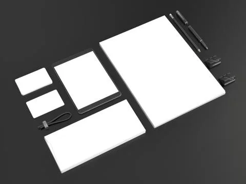 Grey branding mockup. Template set on black background. 3d rendering. 3D illu 库存插图