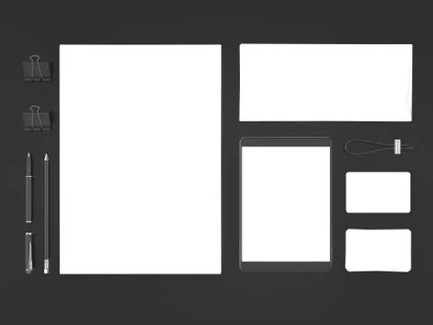 Grey branding mockup. Template set on black background. 3d rendering. 3D illu Illustrazione stock