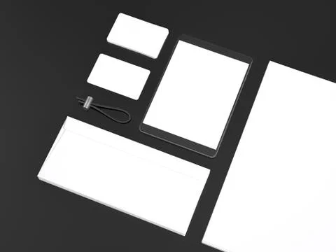 Grey branding mockup. Template set on black background. 3d rendering. 3D illu Illustrazione stock