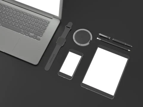 Grey branding mockup. Template set on black background. 3d rendering. 3D illu Illustrazione stock